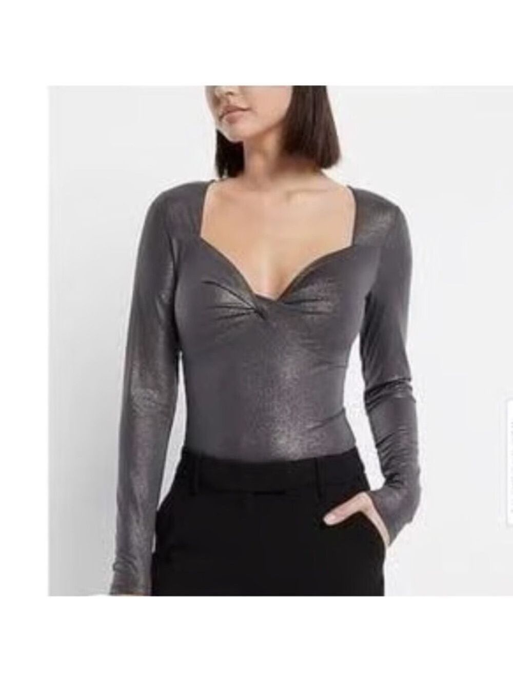 Express gray with black metallic body suit with twist front Woman’s size XL - Picture 12 of 12